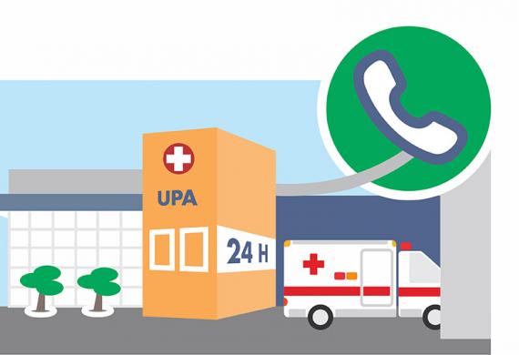 Desenho representando uma unidade de pronto atendimento 24 horas com ambulância e um ícone de telefone em destaque no canto superior direito
